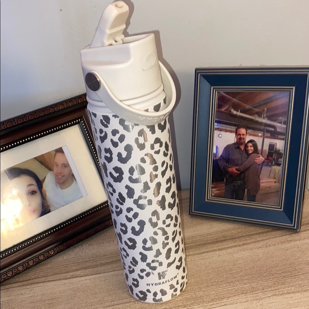 White and Black Leopard insulated water bottle press button top 25oz